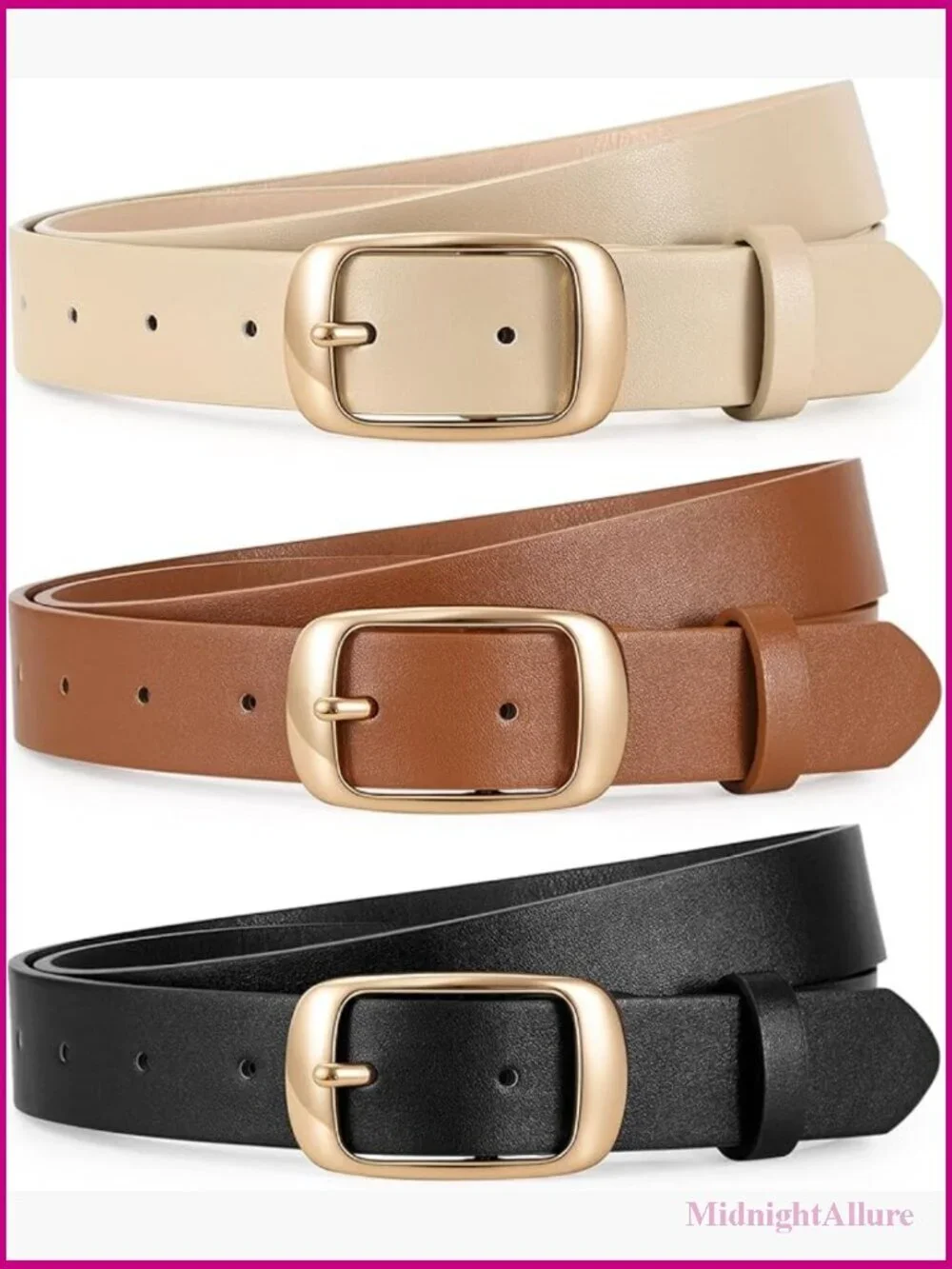 3 Pack Faux Leather Belts for Women Casual Dress Pants Jeans Gold Buckle